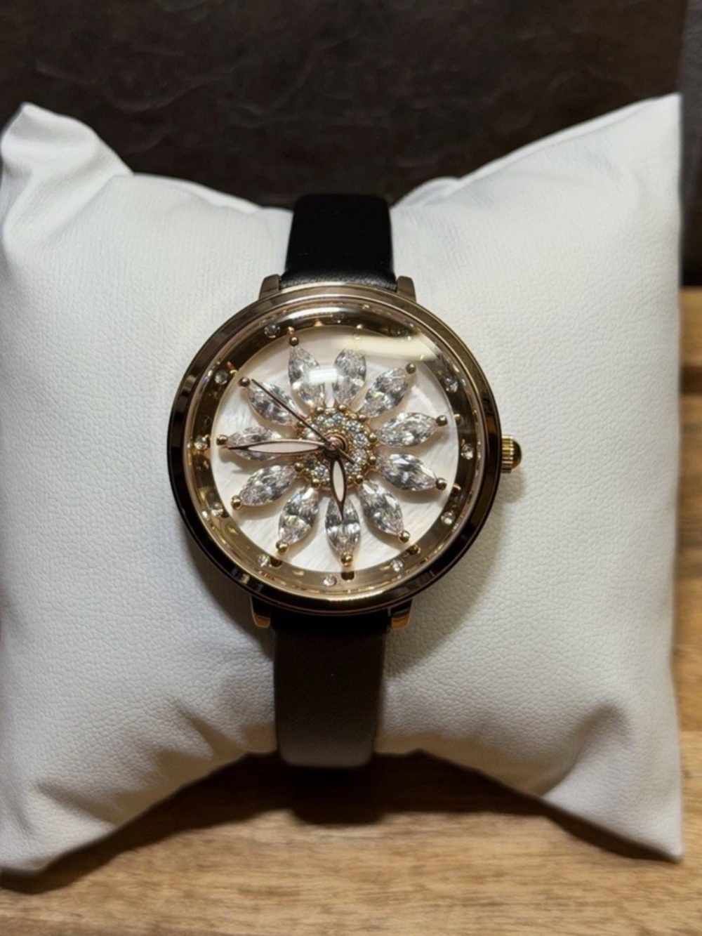 InvictaCrystal Flower Spinning Dial Women's Black Leather Strap Watch